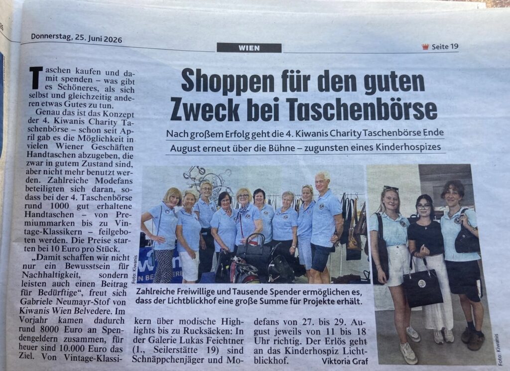Artikel über die Kiwanis Charity Taschenbörse zur Unterstützung eines Kinderhospizes, mit Fotos von Teilnehmern und Spendenaktionen.