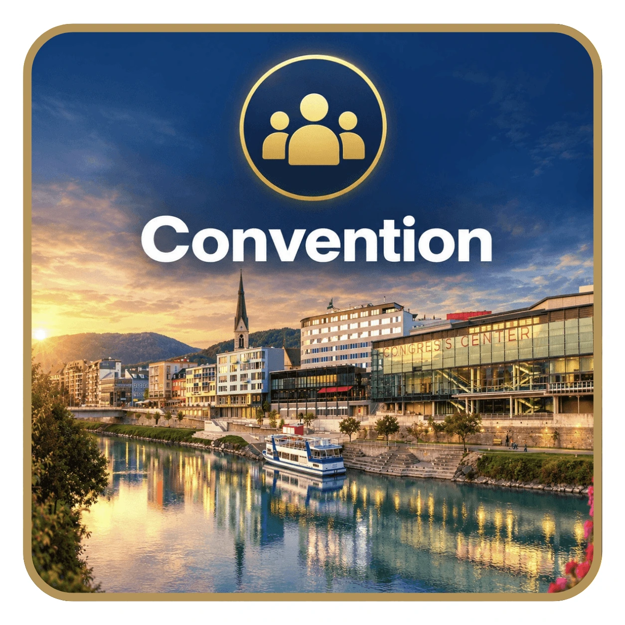 Stadtansicht mit einem Congress Center, einem Fluss und einem Schiff, bei Sonnenuntergang beleuchtet.